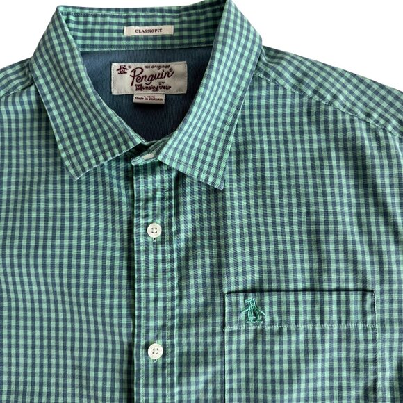 Original Penguin Blue Green Gingham Short Sleeve Button Down Shirt Men's Large - Picture 1 of 11